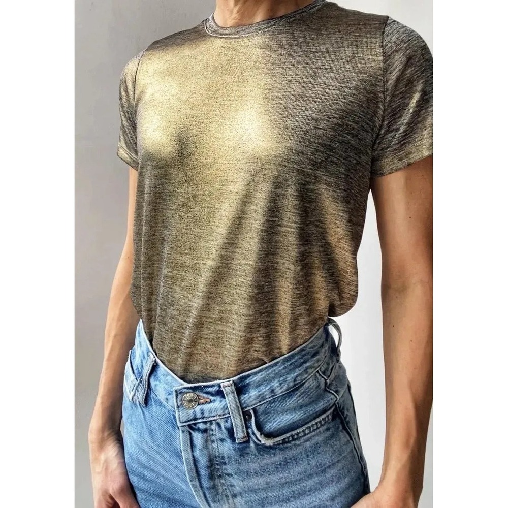 Porridge Shine Glam Tee Shirt Womens Medium Gold Metallic Anthropologie Y2K - Picture 4 of 16